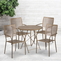Flash Furniture CO-30RDF-02CHR4-GD-GG 30" Round Steel Folding Patio Table Set with 4 Square Back Chairs in Gold